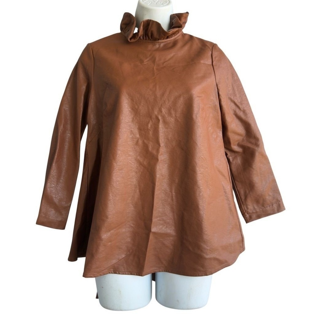 Tuckernuck Faye Faux Leather Top Brown Ruffle Neck Women's XS Long Sleeve Blouse